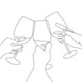 People Clink Glasses of drinks. Glass goblets and Hands in one continuous line style.
